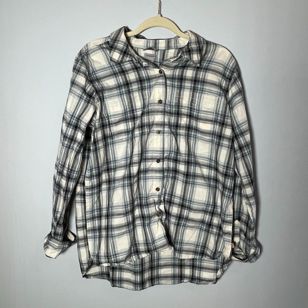 Carhartt Shirt Size L Plaid Button Down 100% Cotton Flannel Outdoors Blue White